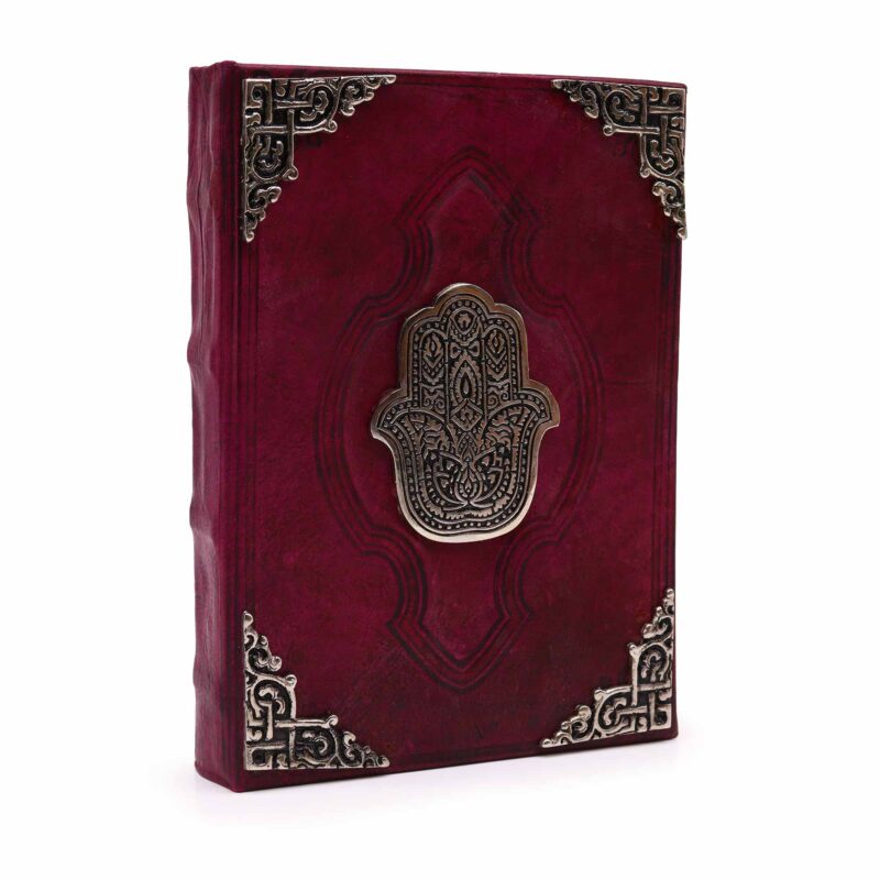 Agendă de Piele Groasă Roșu - Hamsa Decor Zinc - 200 pagini cu Chenar Decorativ - 26 x 18 cm