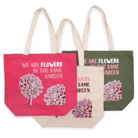 Geantă din Bumbac cu Imprimeu - We are Flowers - Culoarea Măslinului, Roz și Natura
