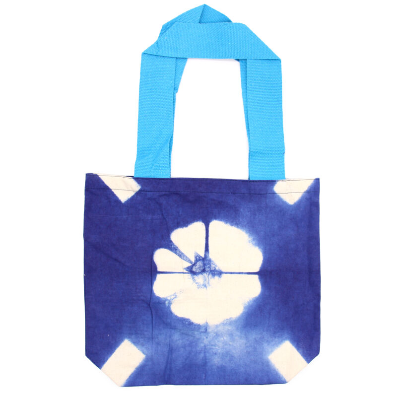 220528 Geantă din Bumbac Natural Tye-Dye (8oz) - 38x42x12cm - Floare Albastră - Mânere Albastre