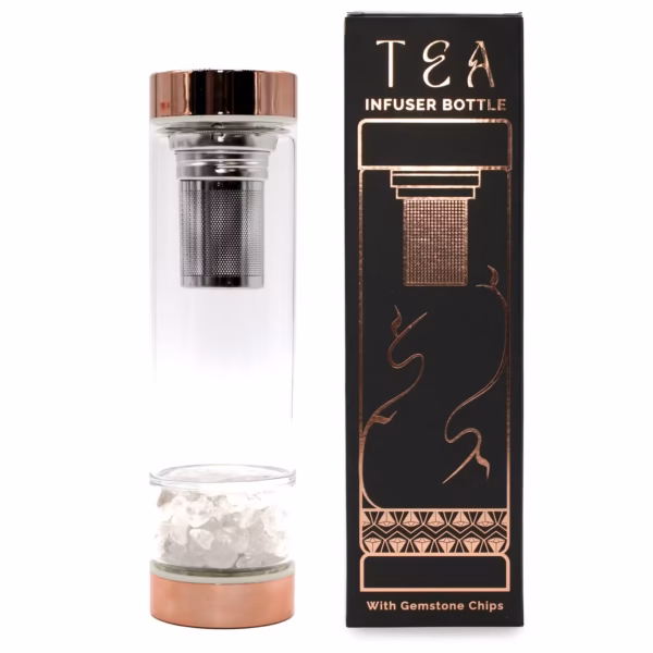 Sticlă de Ceai cu Infuzor – Aur Roz – Cuarț de Stâncă