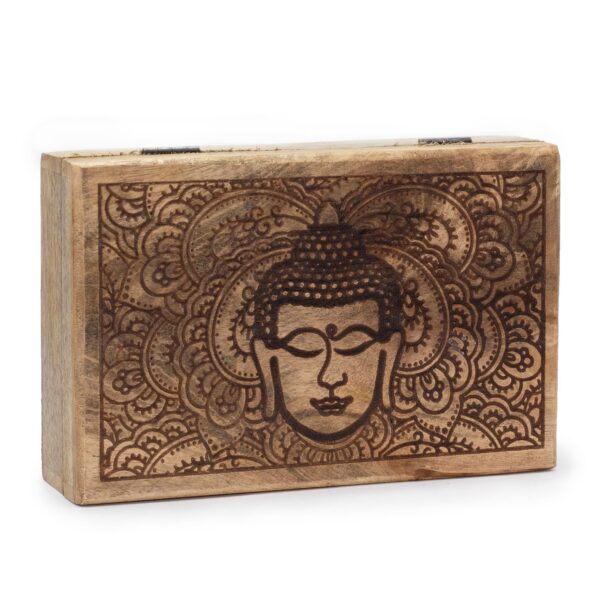 Cutie din lemn de mango 21.5x14x6.3cm - Fața Buddha Gravată Neagră Cutie din lemn de mango 21.5x14x6.3cm - Fața Buddha Gravată Neagră