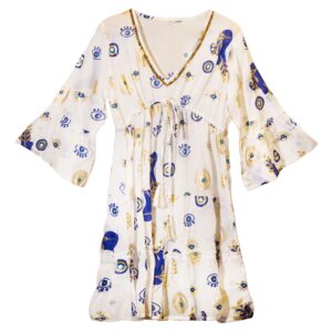 (LXL) Rochie – Design Ochi Rău în Alb, Albastru și Auriu