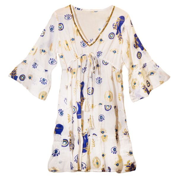 (ML) Rochie – Design Ochi Rău în Alb, Albastru și Auriu