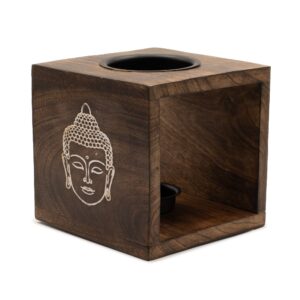 Arzător pentru uleiuri, patrat, lemn de mango cu inscriptia Chipul lui Buddha
