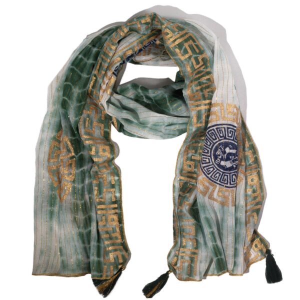 Nomad Sari – Eșarfă de Vară – 180x50cm – Imprimeu Marbella – Verde cu Margine Aurie