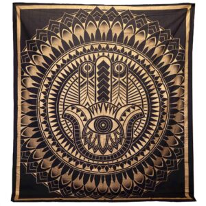 Cuvertură Dublă din Bumbac + Tapiserie de Perete - Hamsa - Negru cu Detalii Aurii