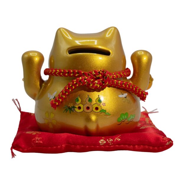 Pușculiță Pisică Norocoasă din Ceramică – Aurie pe Pernă