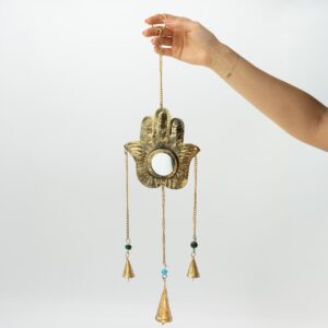 Clopoței Indieni - Hamsa cu Oglindă Mică - 3 clopoței- 14x55 cm