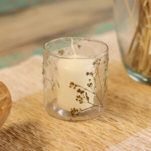 Suport de Lumânare din Sticlă Naturală cu Motiv Floral – Margarita – Drept – (8x8 cm)