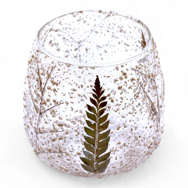Suport de Lumânare din Sticlă Naturală cu Motiv Floral – Pin – Drept – (10x9 cm)