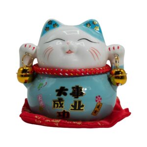 Pușculiță Pisică Norocoasă din Ceramică – Albastră pe Pernă