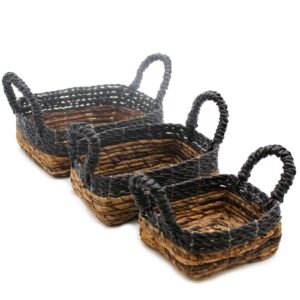 Coș natural din frunze de banană și rafie negru - set 3 buc.