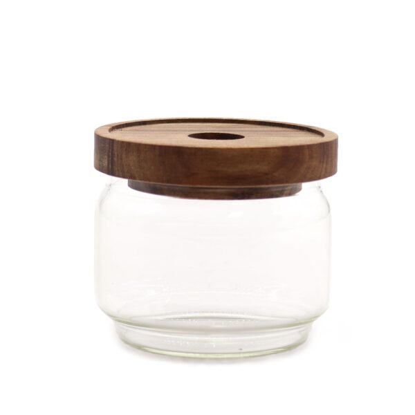 Borcan rustic din sticlă cu capac din bambus – 7 cm Borcan rustic din sticlă cu capac din bambus – 7 cm