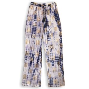 (L/XL) Pantaloni Lejeri - Auriu și Albastru cu Motiv Grecesc - Vopsit Manual
