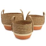 Coșuri mari din paie și iarbă de mare - natural și portocaliu - set de 3 buc.