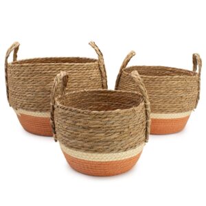 Coșuri mari din paie și iarbă de mare - natural și portocaliu - set de 3 buc.
