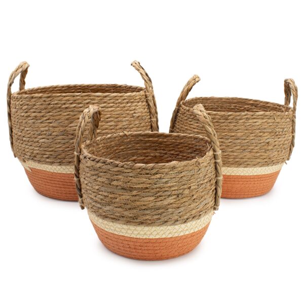 Coșuri mari din paie și iarbă de mare - natural și portocaliu - set de 3 buc.