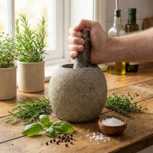 Mojar Decorativ cu Pistil din Piatră Naturală de Râu – Mare (aprox. 15 × 12 cm)