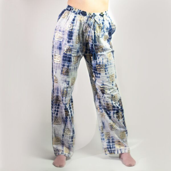 (M/L) Pantaloni Lejeri - Auriu și Albastru cu Motiv Grecesc - Pictat Manual