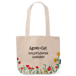 Geantă Tote din Bumbac cu Broderie – Grădină cu Flori Sălbatice și Flori Roșii