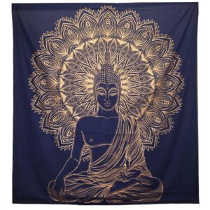 Cuvertură Dublă din Bumbac + Tapiserie de Perete - Buddha - Albastru cu Detalii Aurii