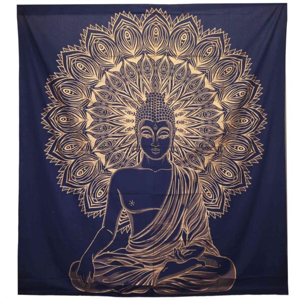 Cuvertură Dublă din Bumbac + Tapiserie de Perete - Buddha - Albastru cu Detalii Aurii