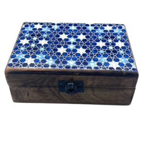 Cutie Medie din Lemn cu Ceramică - 15x10x6cm - Stele Albastre