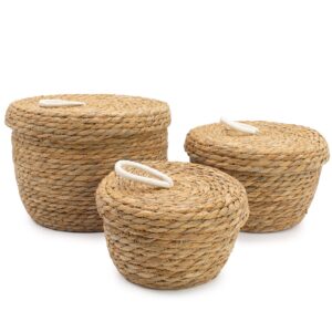 Coșuri rotunde din iarbă de mare și bumbac cu capace - natural - set de 3