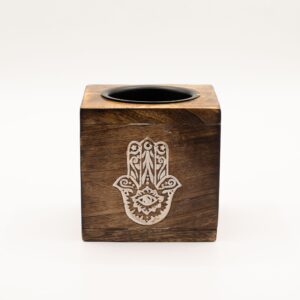 Arzător pentru uleiuri, patrat, lemn de mango cu inscriptia Hamsa