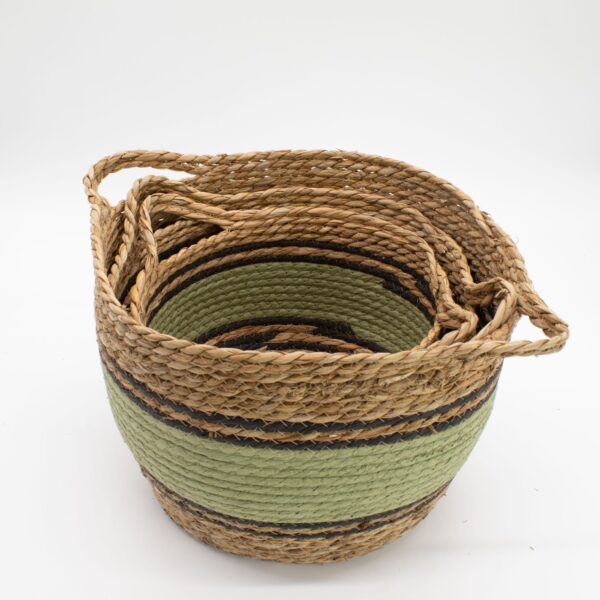 Coșuri mari din bumbac și iarbă de mare - natural negru și verde - set de 3