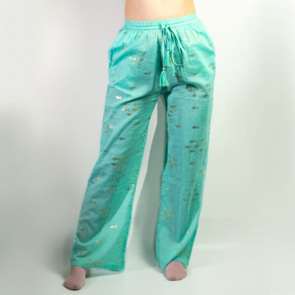 (L/XL) Pantaloni Lejeri - Turcoaz și Auriu cu Design Pește