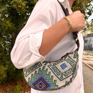 Geantă Hobo Jacquard - Geo-Verde (curea maro)