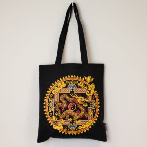 Geantă tote Dragon Yin și Yang din bumbac, negru, 40x36 cm