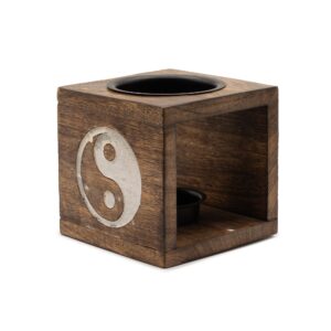 Arzător pentru uleiuri, patrat, lemn de mango cu inscriptia Yin Yang