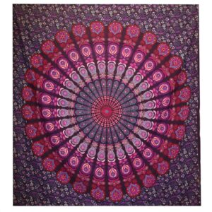Cuvertură Dublă din Bumbac + Tapiserie de Perete - Mandala Păun - Mov