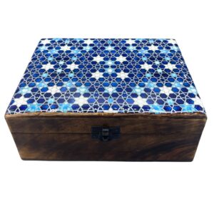 Cutie din lemn de mango cu glazură de ceramică - 20x15x7.5cm - Stele Albastre