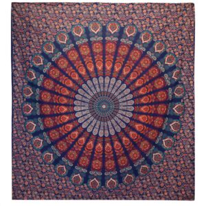 Cuvertură Dublă din Bumbac + Tapiserie de Perete - Mandala Păun - Albastră