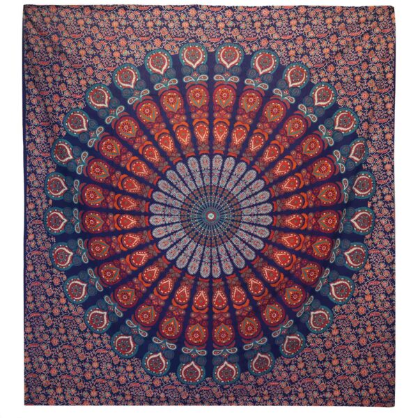 Cuvertură Dublă din Bumbac + Tapiserie de Perete - Mandala Păun - Albastră