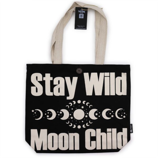 Set 5 buc. Geantă Tote Clasică Iconică – Rămâi Sălbatic(ă), Copil al Lunii – Negru Natural 10oz (36x43x10cm)