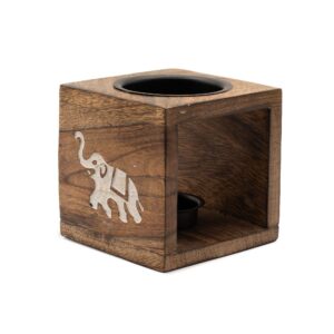 Arzător pentru uleiuri, patrat, lemn de mango cu inscriptia Elefant