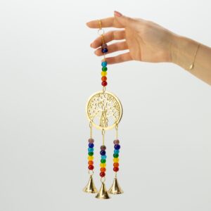 Clopoței Indieni - Arborele Vieții din Alamă cu Mărgele Chakra - 3 clopoței - 6.5x31 cm