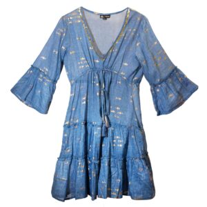 (L/XL) Rochie – Design cu Pești în Albastru Marin și Auriu