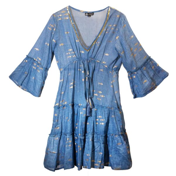 (L/XL) Rochie – Design cu Pești în Albastru Marin și Auriu