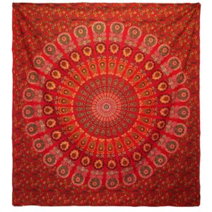 Cuvertură Dublă din Bumbac + Tapiserie de Perete - Mandala Păun - Roșie
