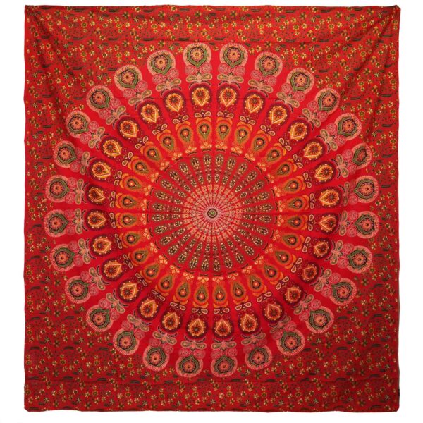 Cuvertură Dublă din Bumbac + Tapiserie de Perete - Mandala Păun - Roșie