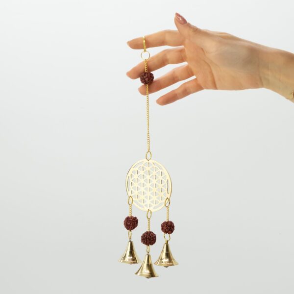Clopoței Indieni - Floarea Vieții din Alamă cu Mărgele Rudraksha - 3 clopoței - 6x27 cm