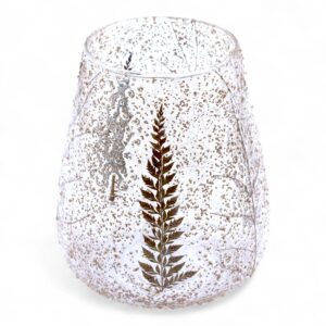 Suport de Lumânare din Sticlă Naturală cu Motiv Floral – Pin – Bol Mare – (15x12 cm)
