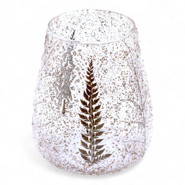 Suport de Lumânare din Sticlă Naturală cu Motiv Floral – Pin – Bol Mare – (15x12 cm)
