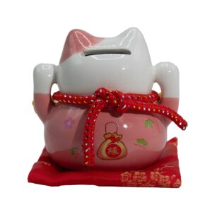 Pușculiță Pisică Norocoasă din Ceramică – Roz pe Pernă