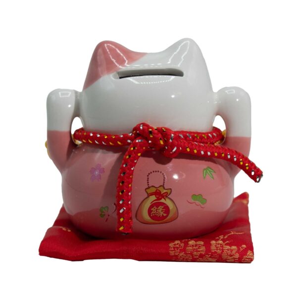 Pușculiță Pisică Norocoasă din Ceramică – Roz pe Pernă